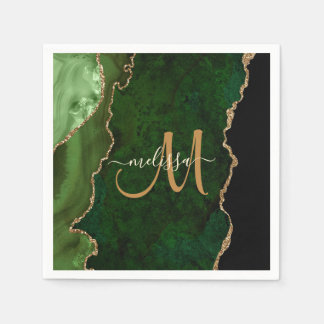 Chic Green Gold Glitter Agate Custom Monogram Servet