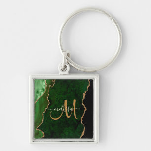 Chic Green Gold Glitter Agate Custom Monogram Sleutelhanger