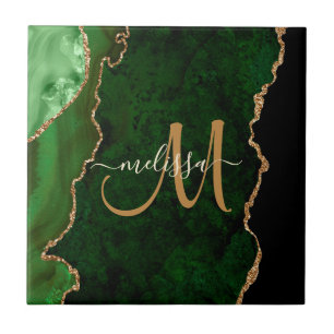 Chic Green Gold Glitter Agate Custom Monogram Tegeltje
