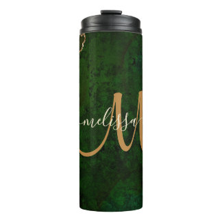 Chic Green Gold Glitter Agate Custom Monogram Thermosbeker