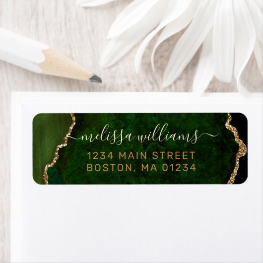 Chic Green Gold Glitter Agate Monogram Adres Etiket (Insitu)