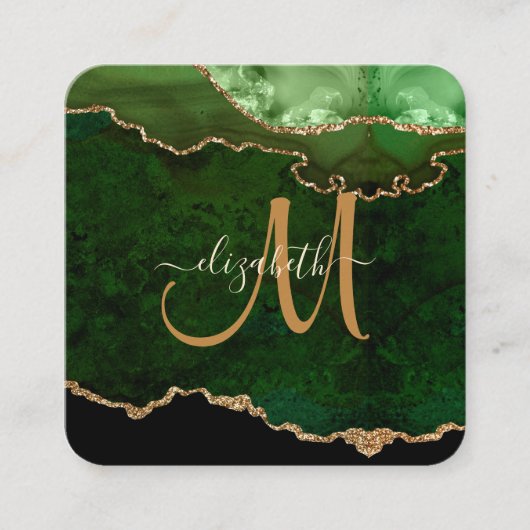 Chic Green Gold Glitter Agate Script Monogram Vierkante Visitekaartje (Voorkant)