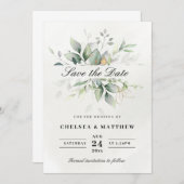 Chic Green & Gold Leafy Elegance Save The Date (Voorkant / Achterkant)