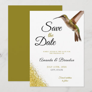 Chic Green Hummingbird en Gold Dust Wedding Save The Date