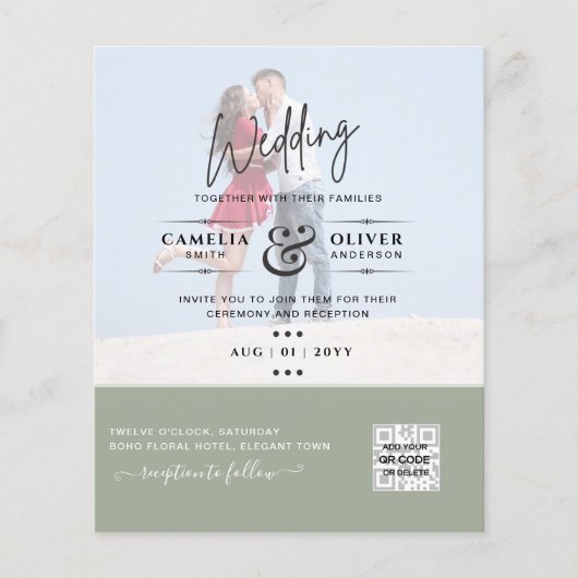 Chic Green Photo Wedding nodigt QR Code Save Date Flyer (Voorkant)