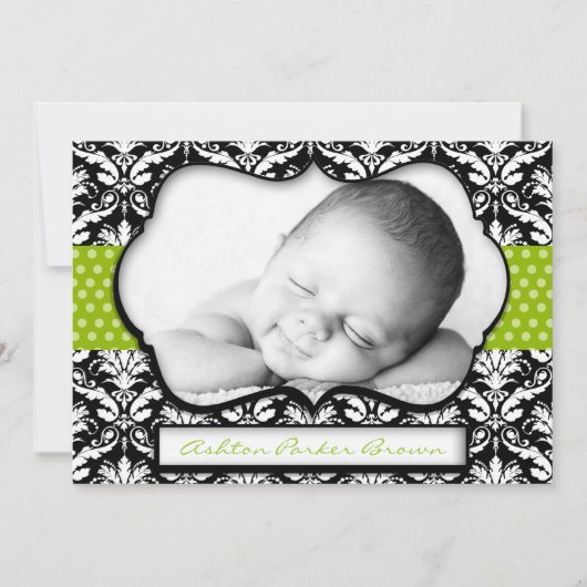 Chic Green Polka Dot Damask Birth kondiging Aankondiging (Voorkant)