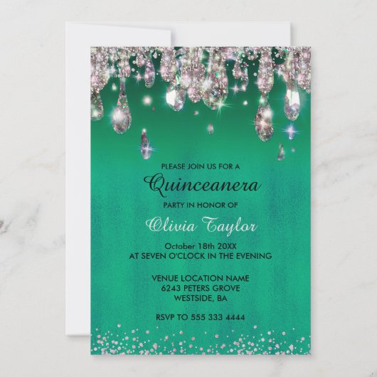 Chic green Silver glitter druist Quinceanera Kaart (Achterkant)