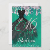 Chic green Silver glitter druppelt zoet 16-invitat Kaart (Voorkant)