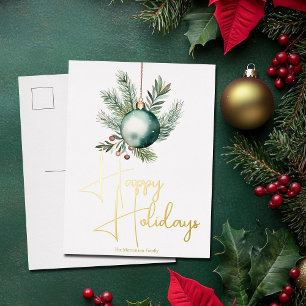 Chic Green Waterverf Kerst Ornament Goud Folie Feestdagen Briefkaart