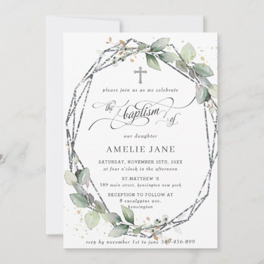 Chic Greenery Botanical Baptism Silver Geometric Kaart (Voorkant)