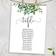 Chic greenery bruiloft tabelplan, modern lettertyp