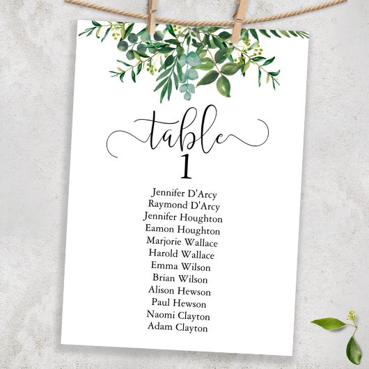 Chic greenery bruiloft tabelplan, modern lettertyp kaart