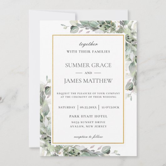 Chic Greenery Gold Sage Green Foliage Wedding Kaart (Voorkant)