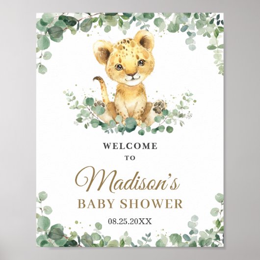 Chic Greenery Lion Cub Boy Baby shower Welkom Poster (Voorkant)