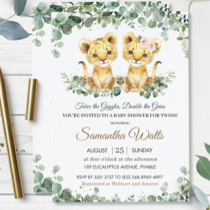 Chic Greenery Lion Cubs Twins Boy Girl Baby shower Kaart