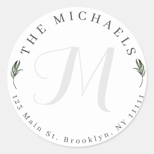Chic Greenery Monogram Round Return Address Label (Voorkant)