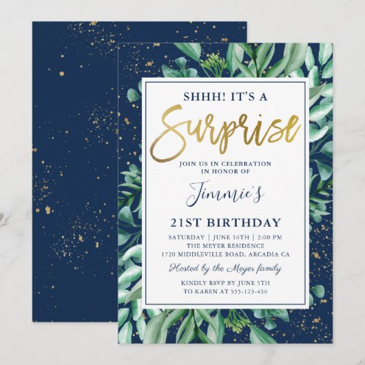 Chic Greenery Navy Blue Gold Surprise Birthday Kaart (Voorkant / Achterkant)
