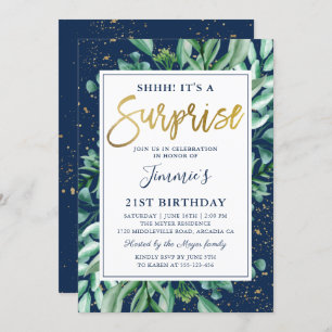 Chic Greenery Navy Blue Gold Surprise Birthday Kaart