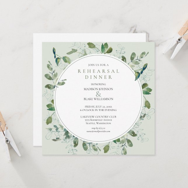 Chic Greenery Rehearsal Dinner Invitation (Voorkant / Achterkant in situ)