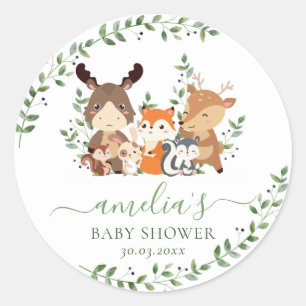 Chic Greenery Woodland Animals Baby shower Favor Ronde Sticker