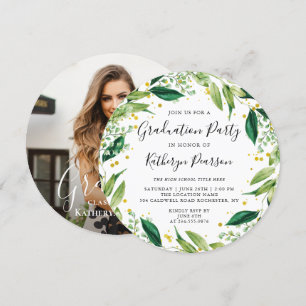 Chic Greenery Wreath Gold Glitter Afstuderen Foto Kaart