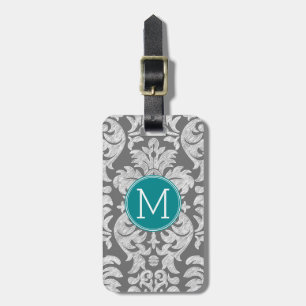 Chic Grey en Blauwgroen Damask Patroon - aangepast Bagagelabel