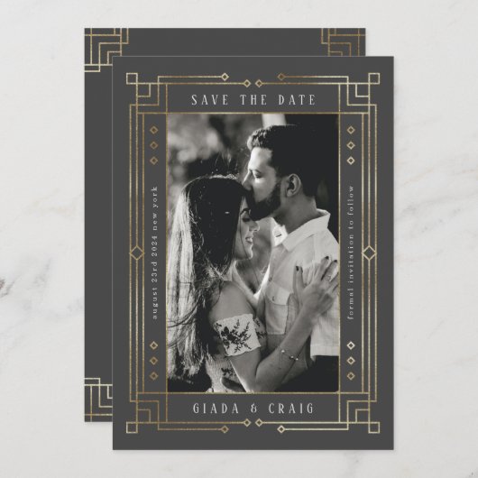 Chic Grey Faux Gold Foil Art Deco Opslaan datum Aankondiging (Voorkant / Achterkant)