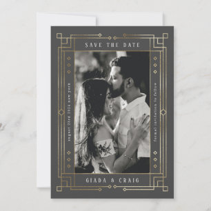 Chic Grey Faux Gold Foil Art Deco Opslaan datum Aankondiging