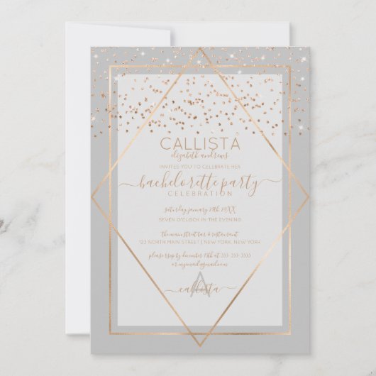 Chic Grey Gold Confetti Border Bachelorette Kaart (Voorkant)