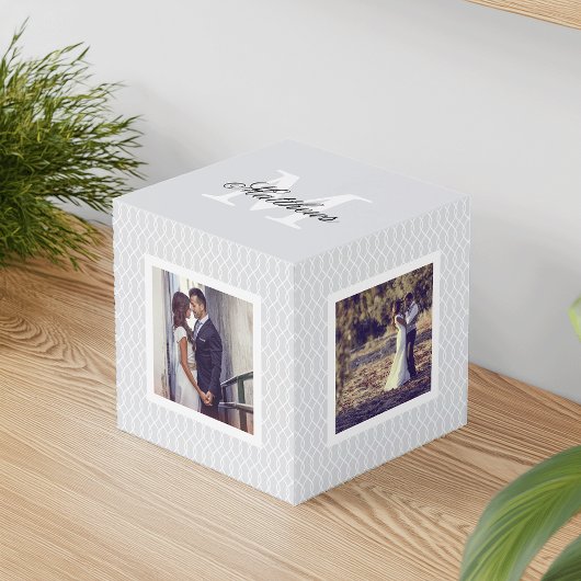Chic grijs monogram trouwfoto kubus