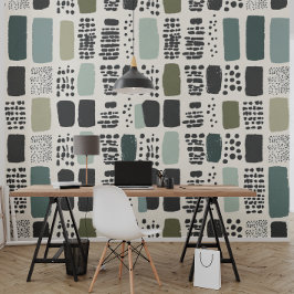 Chic groen, beige en zwart patroon behang