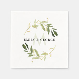 CHIC GROEN GOUD GEBLADERTE KRANS MONOGRAM BRUILOFT SERVET