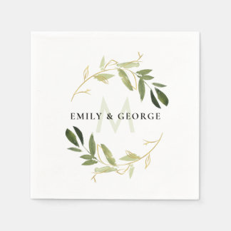 CHIC GROEN GOUD GEBLADERTE KRANS MONOGRAM BRUILOFT SERVET