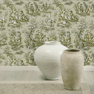 Chic groen grijs toile de jouy bedrukt behang