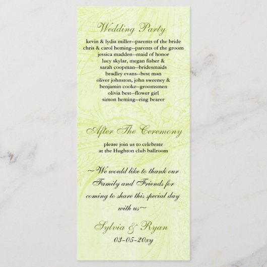 Chic groene vogelkooi, liefde vogels bruiloft prog programma (Achterkant)