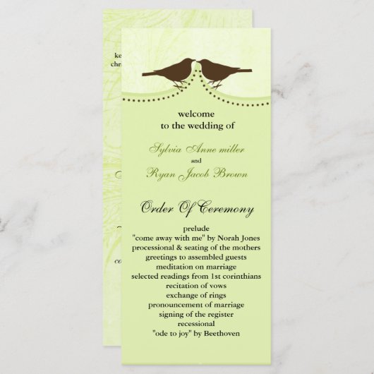 Chic groene vogelkooi, liefde vogels bruiloft prog programma (Voorkant / Achterkant)