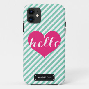 Chic Hallo Hot Pink Heart Aangepaste mint-stripe iPhone 11 Hoesje