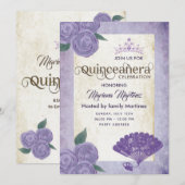 Chic hand fan paarse rozen tiara Quince in Kaart (Voorkant / Achterkant)