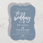 Chic Hand Lettered Wedding Invitation Dusty Blue Kaart (Voorkant / Achterkant)