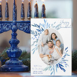 Chic Happy Hanoukka Family Photo Blue Magnet Card<br><div class="desc">De beaux feuilles botaniques d'aquarelle bleue ressortent de votre photo de famille juive verticale pour un aimant Hanoukka heureux. Personnalisez cette carte magnétique de photo chic Chanukah.</div>