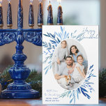 Chic Happy Hanukkah Family Photo Blue Magnet Card<br><div class="desc">Beautiful blue watercolor botanical leaves spring out of your vertical Jewish family photograph for a Happy Hanukkah magnet. Personalize this chic Chanukah photo magnetic card.</div>