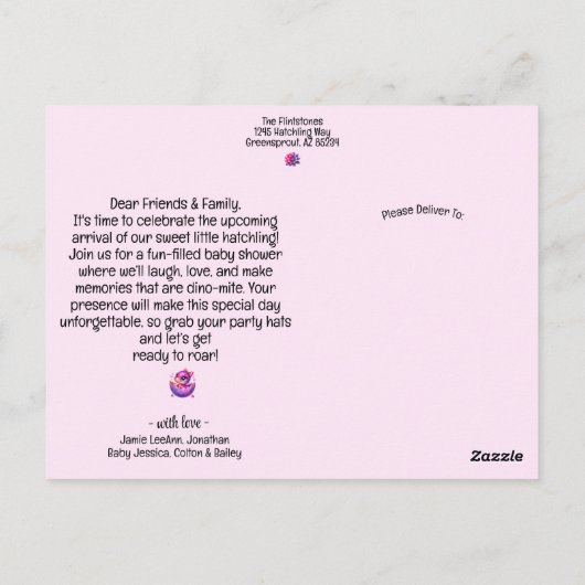 Chic Hatching Soon Roze Dinosaurus Baby shower Pos Briefkaart (Achterkant)