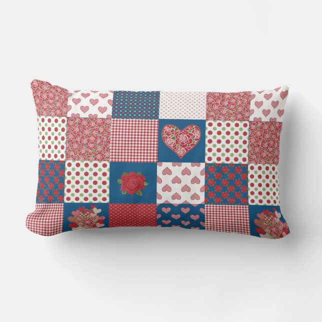 Chic Hearts en Rozen Faux Patchwork Lumbar Pillow Kussen (Voorkant)