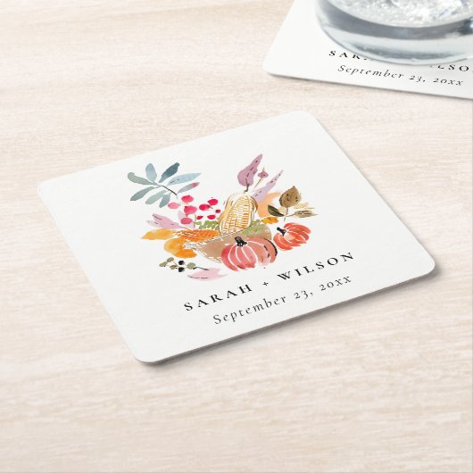 Chic Herfst Oogst Pompoen Waterverf bruiloft Vierkante Kartonnen Onderzetter (Schuin)