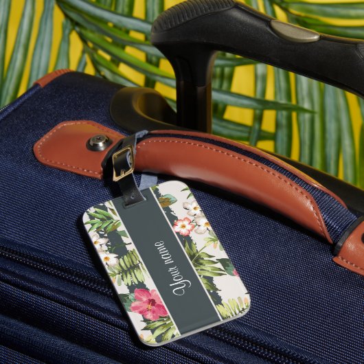 Chic Hibiscus Flowers en Stripes Bagagelabel (Voorkant Insitu 1)