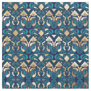 Chic Hipster Gold Emerald Blue Tribal Artsy Damask Stof