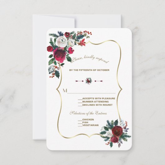 Chic Hiver Bourgogne Floral Pine Gold Mariage RSVP (Devant)