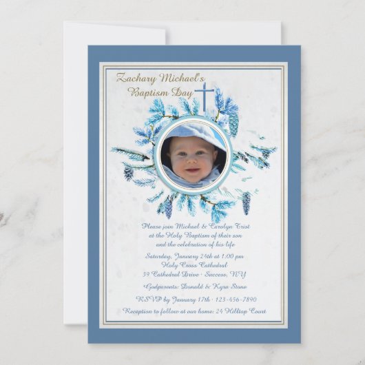 Chic hiver Religieux Photo Invitation Bleu (Devant)