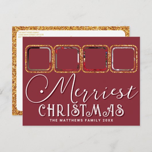 Chic Holiday Foto script Gold Red Kerstmis Briefkaart (Voorkant / Achterkant)