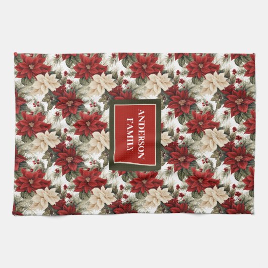 Chic Holiday Kitchen Towel Custom Name Red Green Theedoek (Horizontaal)
